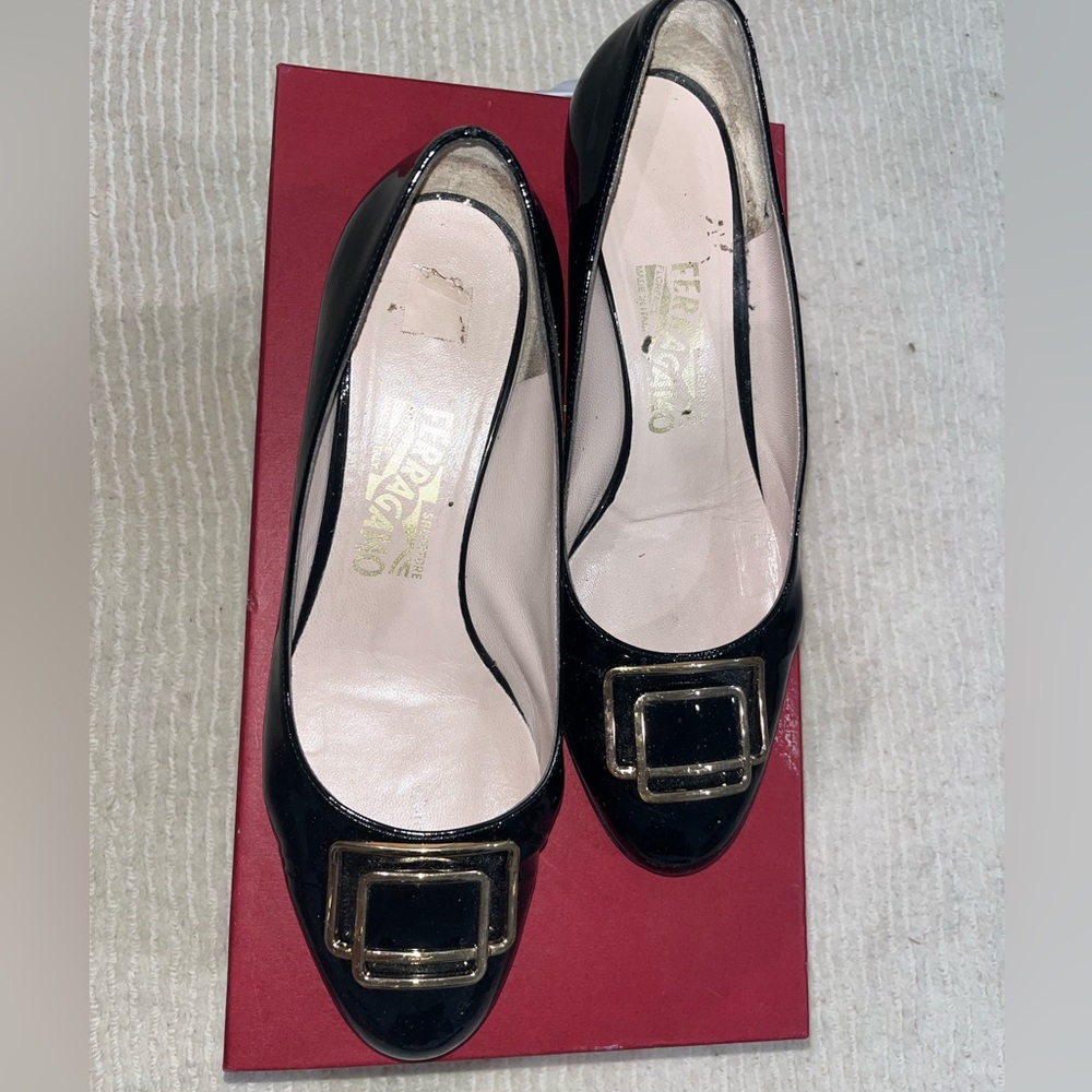 Salvatore Ferragamo Black Heels with Gold Buckle